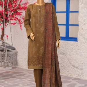 HZ Khaddar Crosshatch Embroidered 3-Piece Unstitched Suit – Mustard Brown