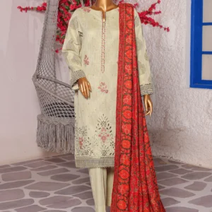 HZ Khaddar Crosshatch Embroidered 3-Piece Unstitched Suit – Ivory Off White