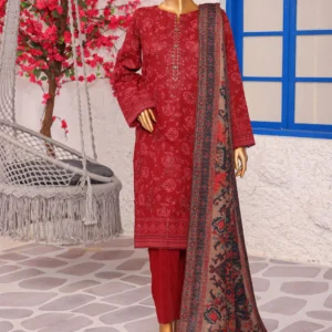 HZ Khaddar Crosshatch Embroidered 3-Piece Unstitched Suit – Ruby Red