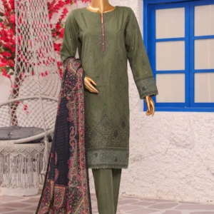HZ Khaddar Crosshatch Embroidered 3-Piece Unstitched Suit – Moss Green