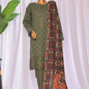 HZ Khaddar Crosshatch Embroidered 3-Piece Unstitched Suit – Olive Green