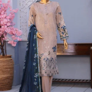 HZ MEHAK CROSS SLUB EMBROIDERED 3 Piece Unstitched Suit - Beige Brown