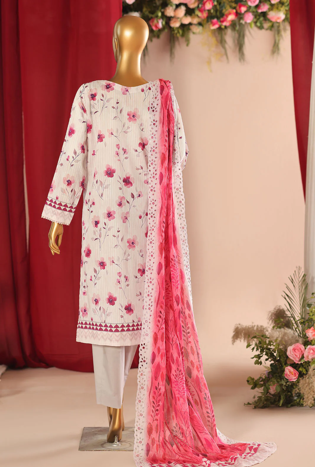 HZ Nayab Embroidered Lawn Suit Unstitched 3 Piece NPE 06 - White & Red - Image 2