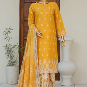 HZ Oriental Printkari Slub Cambric Embroidered Unstitched 3-Piece Suit – OPS-01-Yellow