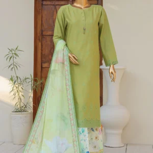 HZ Oriental Printkari Slub Cambric Embroidered Unstitched 3-Piece Suit – OPS-03-Light Green