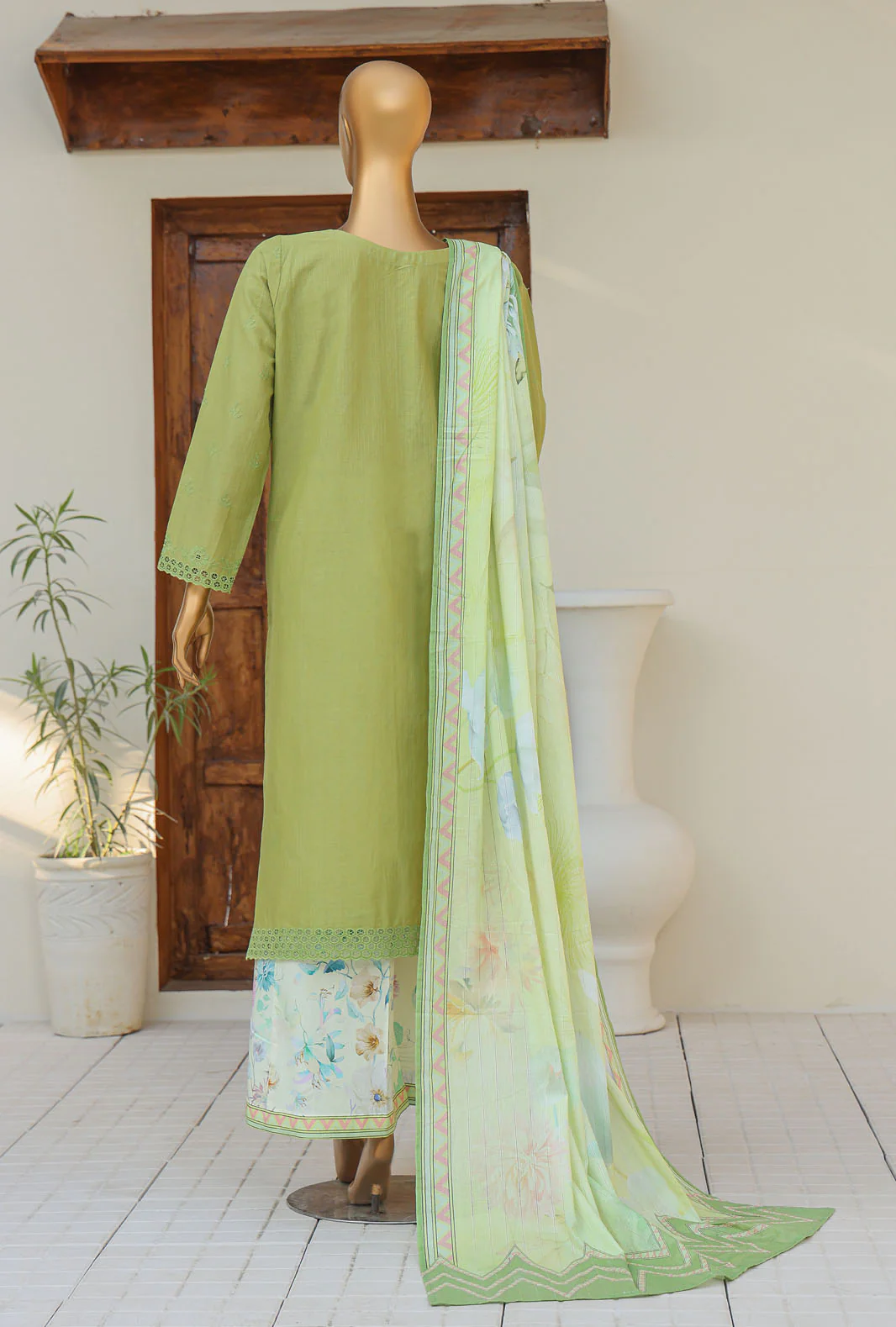 HZ Oriental Printkari Slub Cambric Embroidered Unstitched 3-Piece Suit – OPS-03-Light Green - Image 2
