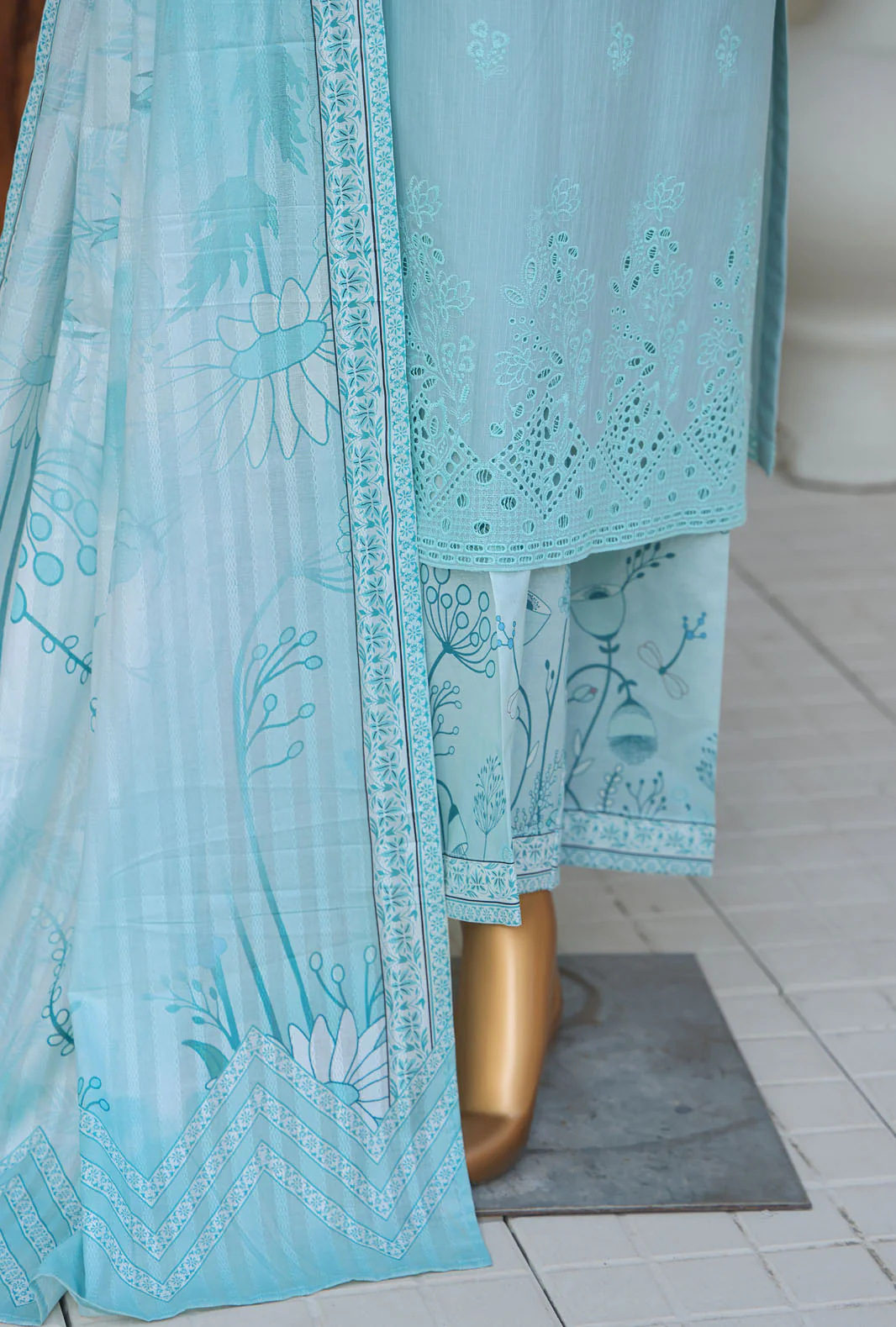 HZ Oriental Printkari Slub Cambric Embroidered Unstitched 3-Piece Suit – OPS-04 Sky Blue - Image 2