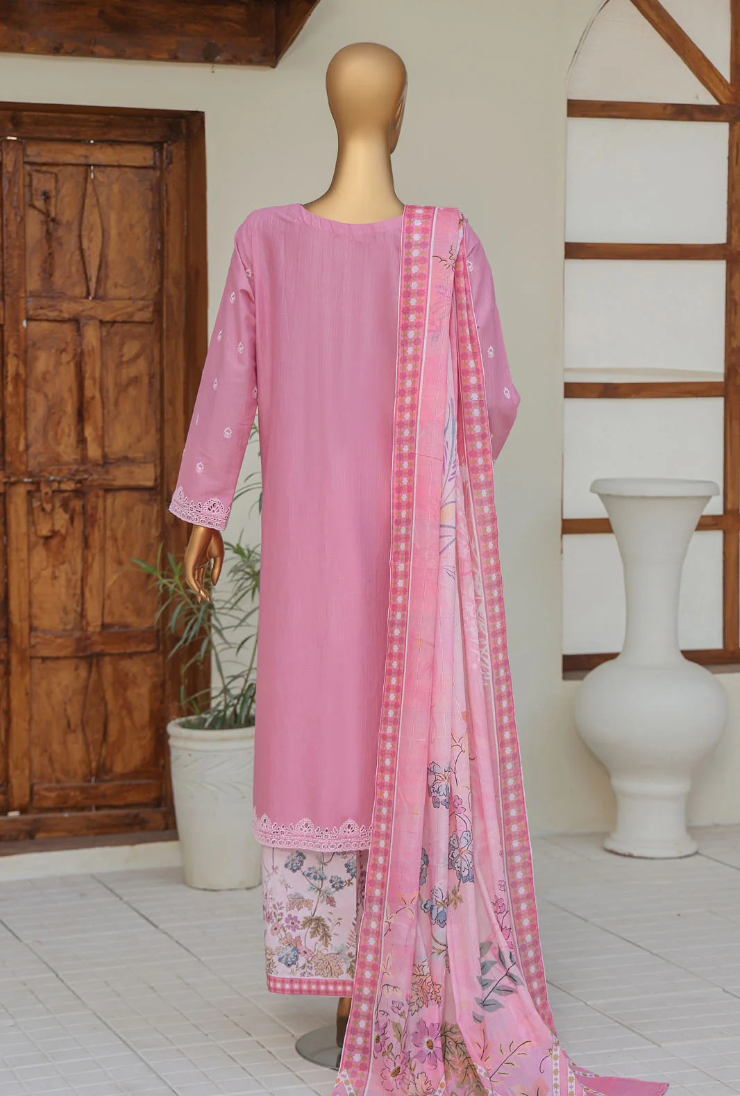 HZ Oriental Printkari Slub Cambric Embroidered Unstitched 3-Piece Suit – OPS-05 Baby Pink - Image 2