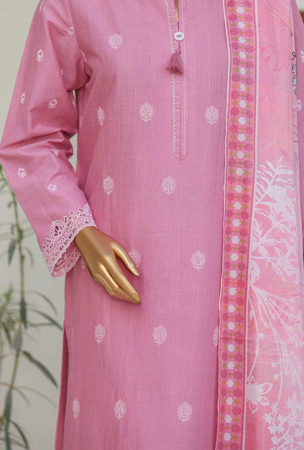 HZ Oriental Printkari Slub Cambric Embroidered Unstitched 3-Piece Suit – OPS-05 Baby Pink - Image 3
