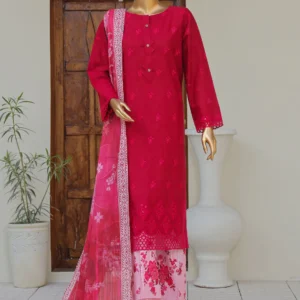 HZ Oriental Printkari Slub Cambric Embroidered Unstitched 3-Piece Suit – OPS-08 Red