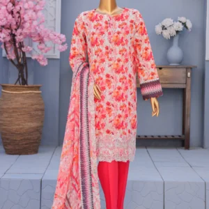 HZ Premium Embroidered Lawn Unstitched 3 Piece PEC-6017 - Red